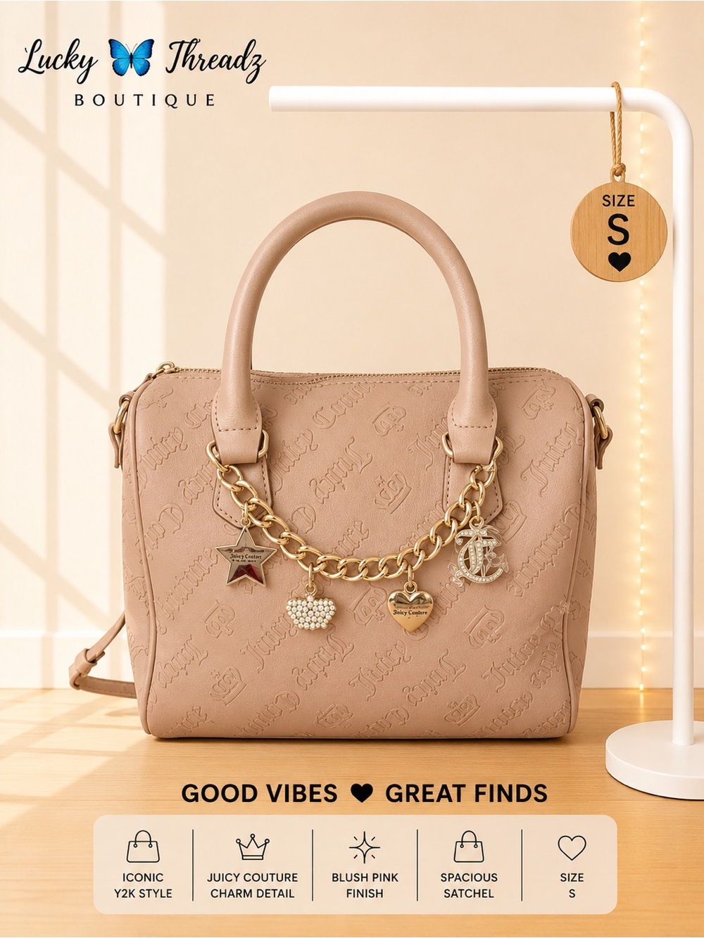 Juicy Couture Y2K Blush Pink Satchel with Gold Charm Chain NWOT